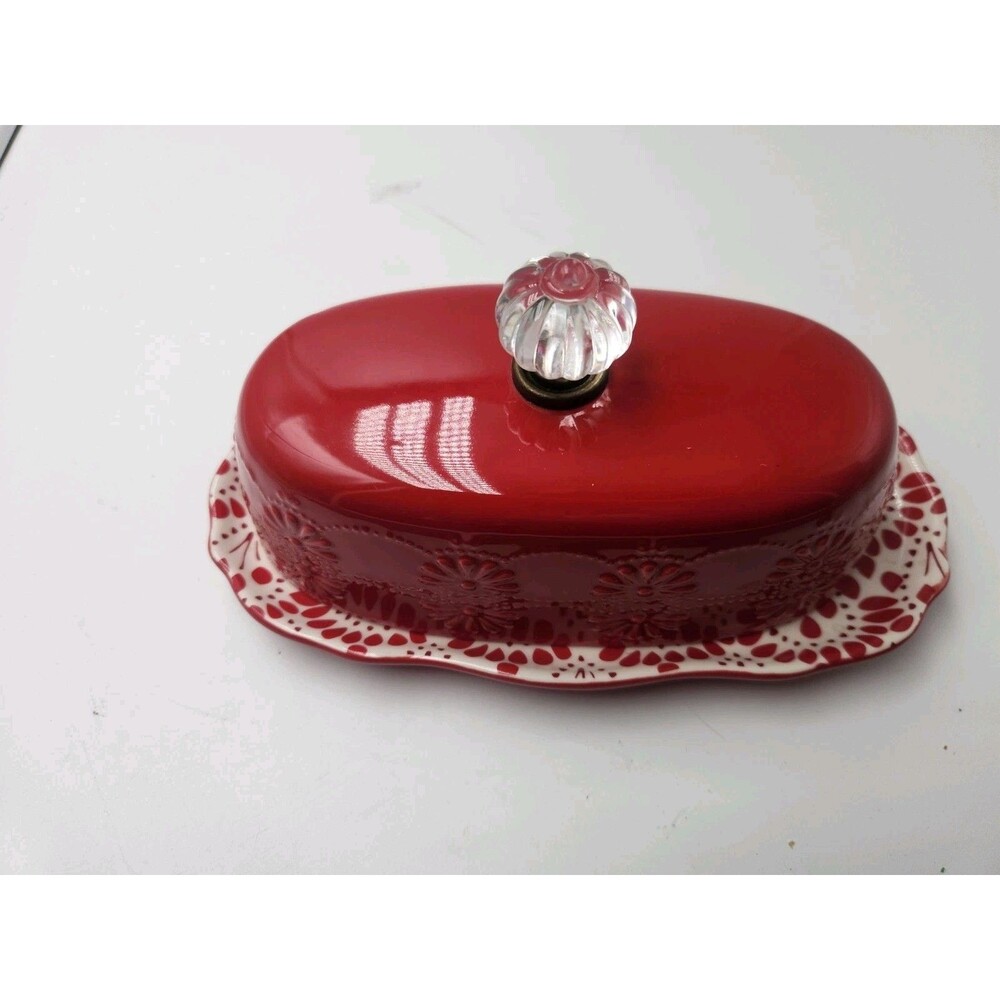 The Pioneer Woman Red Floral Bursts 8" Stoneware Covered Butter Dish Jewel Knob